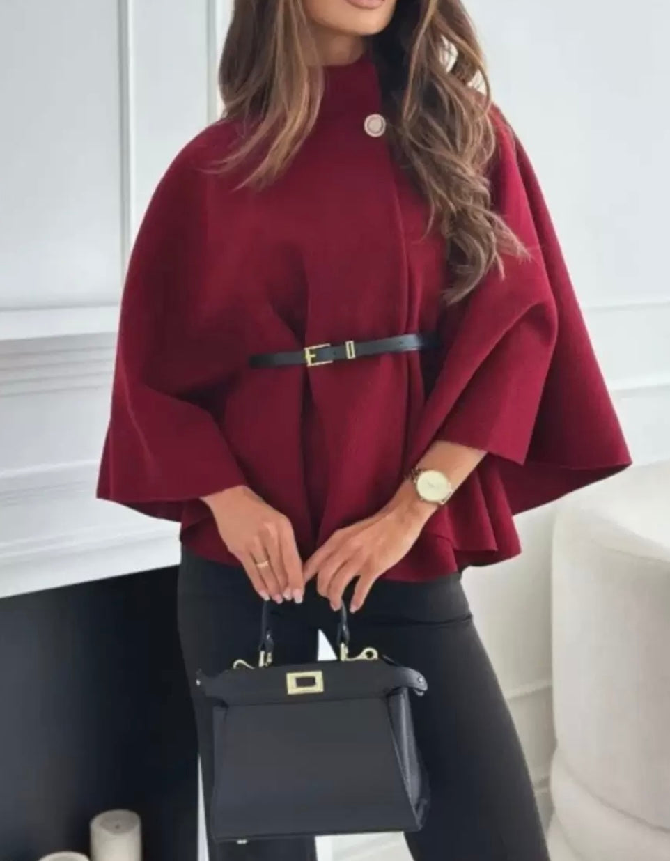 Elliana | Dames Cape Jas – Elegante Wolmix Mantel met Ceintuur | Europese Stijl & Getailleerd Design | Winter 2025