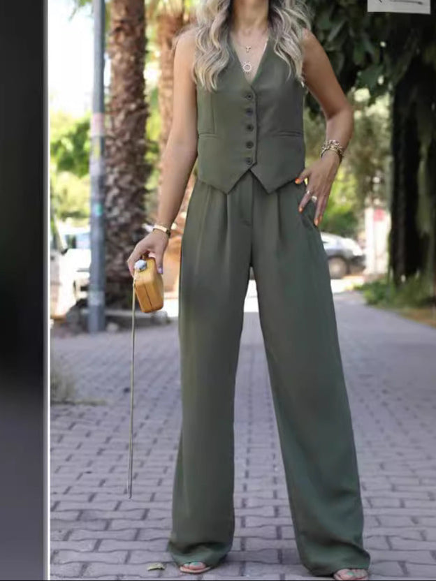 Barbara | Dames Tweedelige Set – V-Hals Mouwloos Gilet & Wide Leg Pantalon