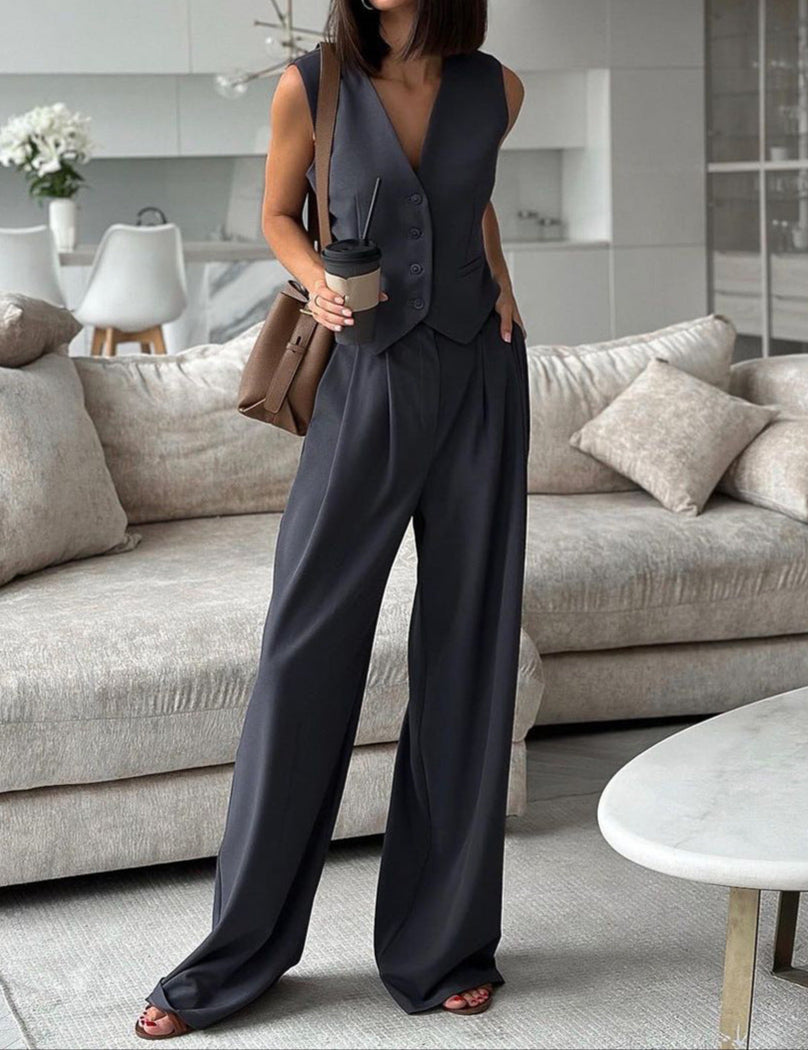 Barbara | Dames Tweedelige Set – V-Hals Mouwloos Gilet & Wide Leg Pantalon