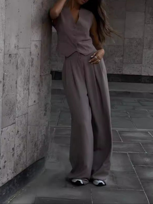 Barbara | Dames Tweedelige Set – V-Hals Mouwloos Gilet & Wide Leg Pantalon