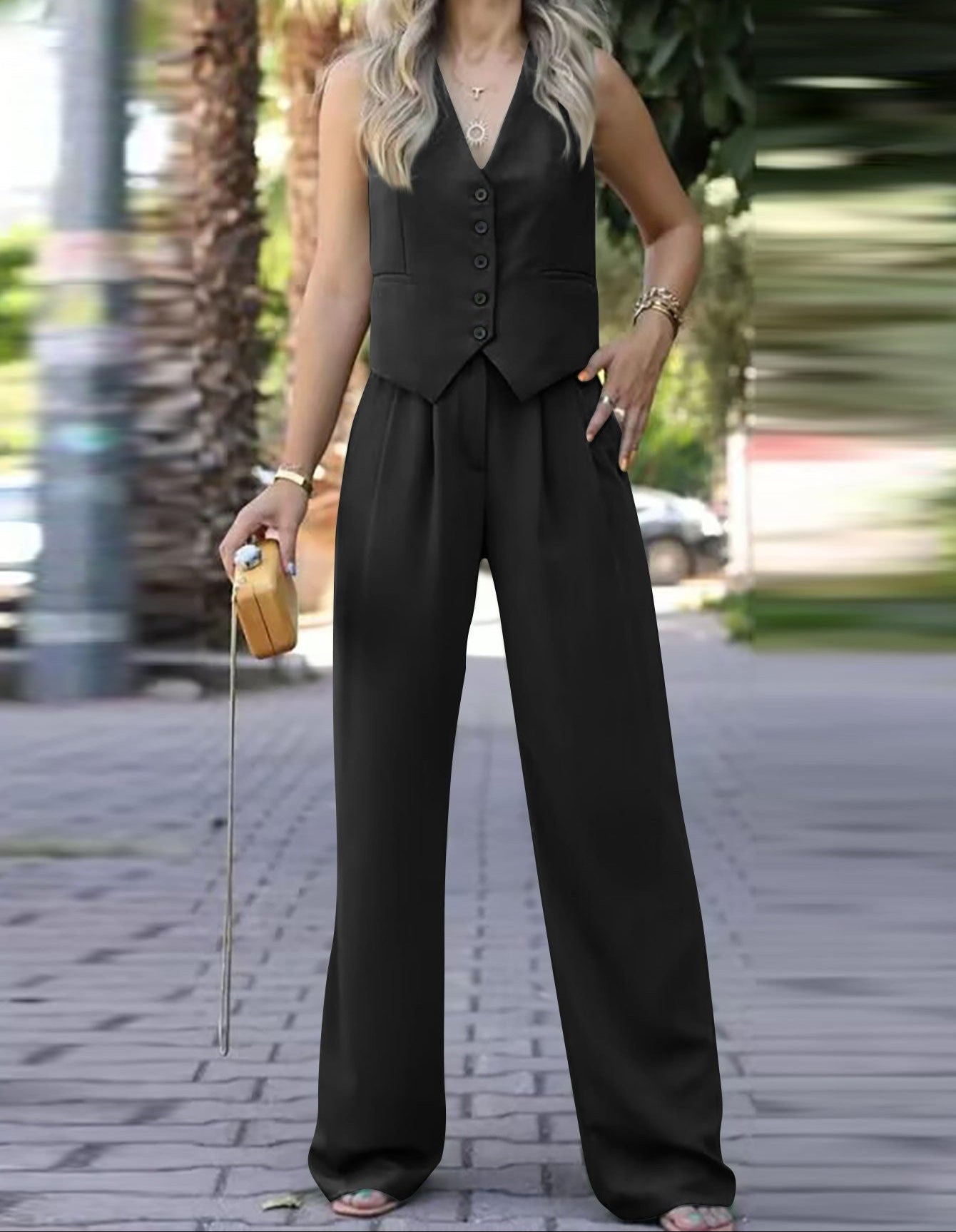 Barbara | Dames Tweedelige Set – V-Hals Mouwloos Gilet & Wide Leg Pantalon