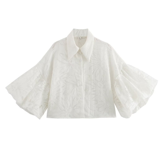 Dora | Dames Korte Blouse – Franse Stijl, Puff Mouwen & Klassieke Kraag
