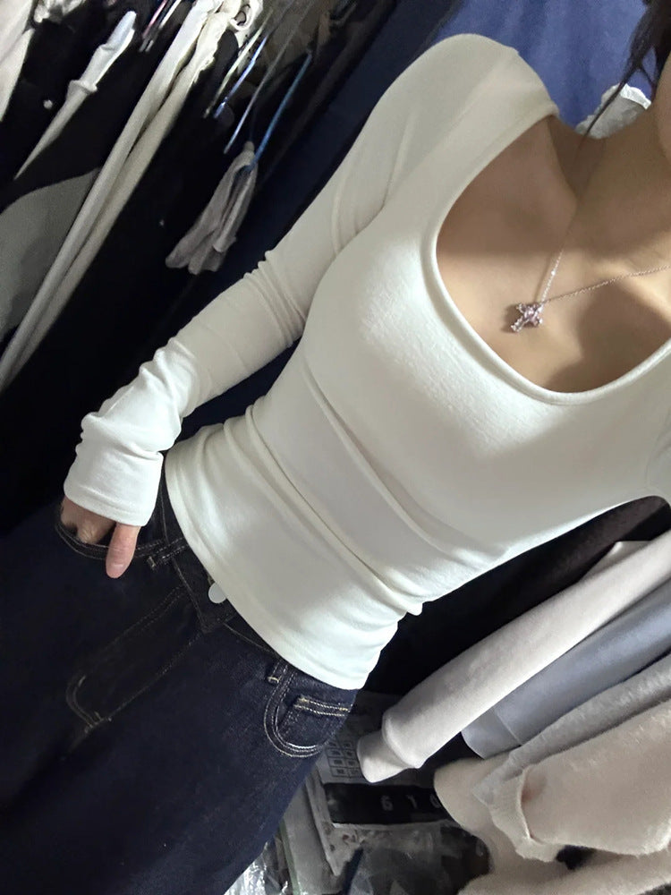 Fleur | Dames Longsleeve Top – Witte U-hals, Slim Fit & Basislaag | Herfst