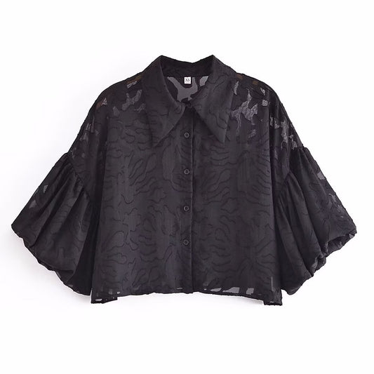 Hezel | Dames Jacquard Blouse – Zwart, Ballonmouwen & Chic Design