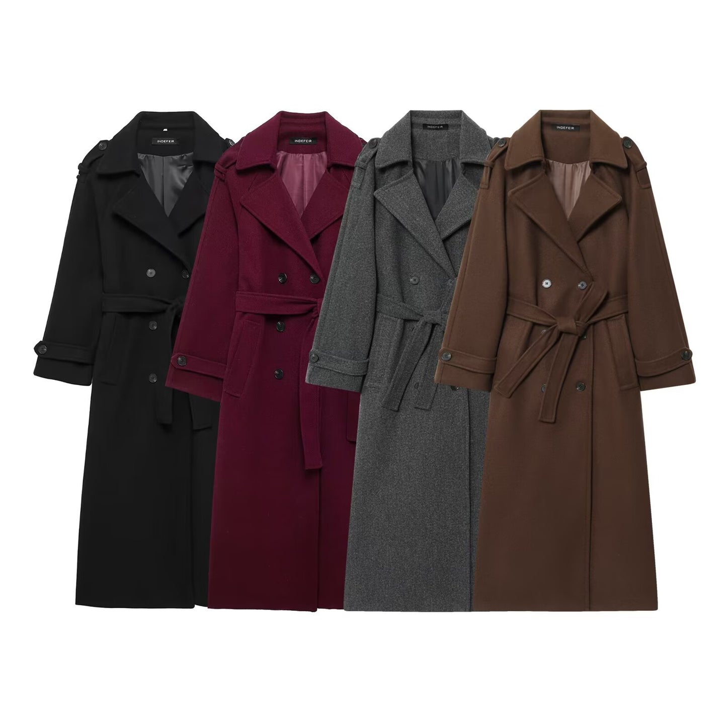 Kenzi | Dames Lange Mantel – Wolmix, Dubbele Rij Knopen & Ceintuur | Vintage Chic Herfst
