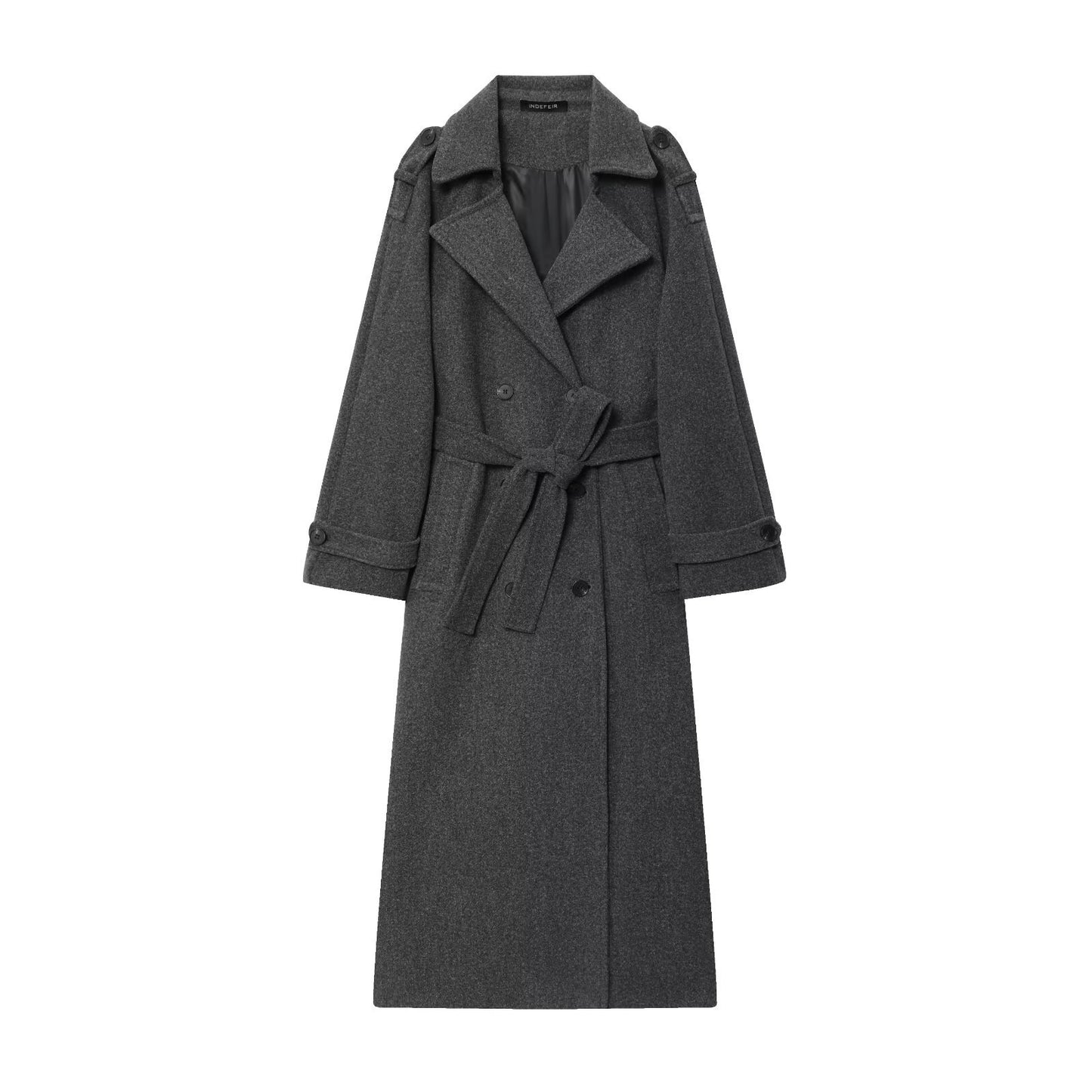 Kenzi | Dames Lange Mantel – Wolmix, Dubbele Rij Knopen & Ceintuur | Vintage Chic Herfst