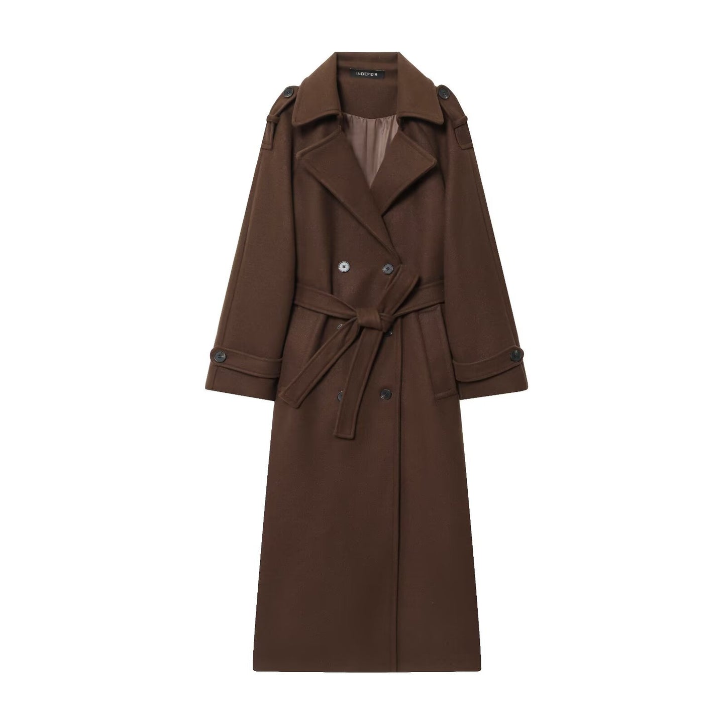 Kenzi | Dames Lange Mantel – Wolmix, Dubbele Rij Knopen & Ceintuur | Vintage Chic Herfst