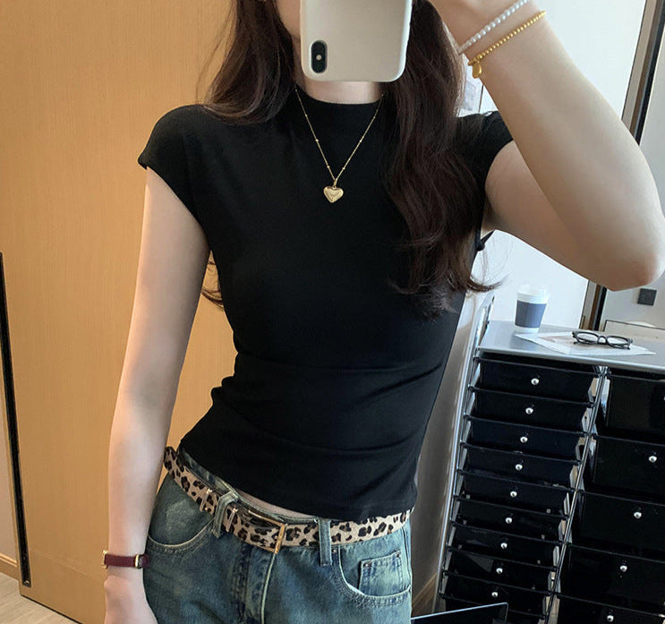 Nina | Dames Slim Fit T-shirt – Effen Kleur, Half Hoge Hals & Design Look