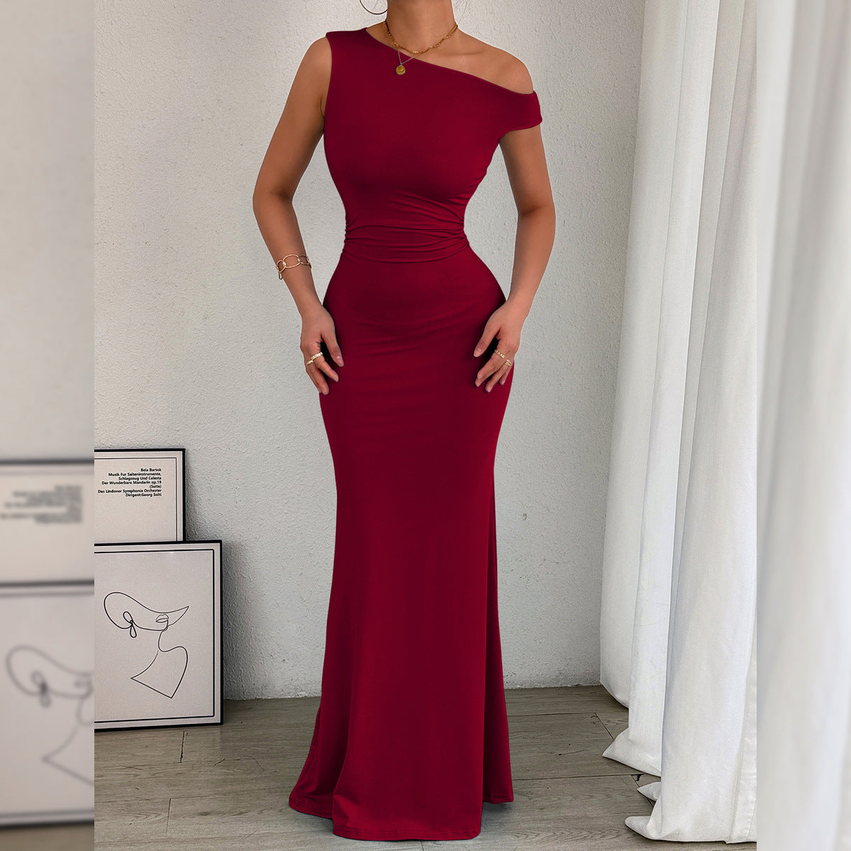 Ellen | Dames Jurk – Asymmetrische Éénschouder Fishtail Dress | Getailleerd & Ruches bij de Taille | Europees/Amerikaanse Stijl