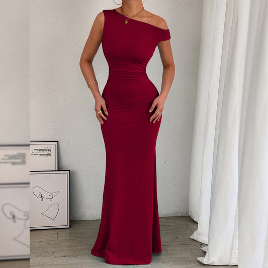 Ellen | Dames Jurk – Asymmetrische Éénschouder Fishtail Dress | Getailleerd & Ruches bij de Taille | Europees/Amerikaanse Stijl