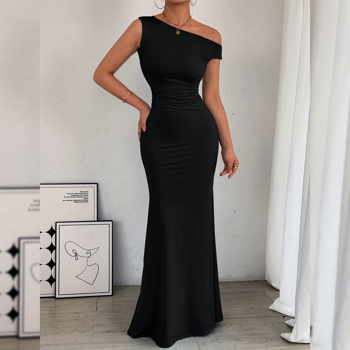 Ellen | Dames Jurk – Asymmetrische Éénschouder Fishtail Dress | Getailleerd & Ruches bij de Taille | Europees/Amerikaanse Stijl