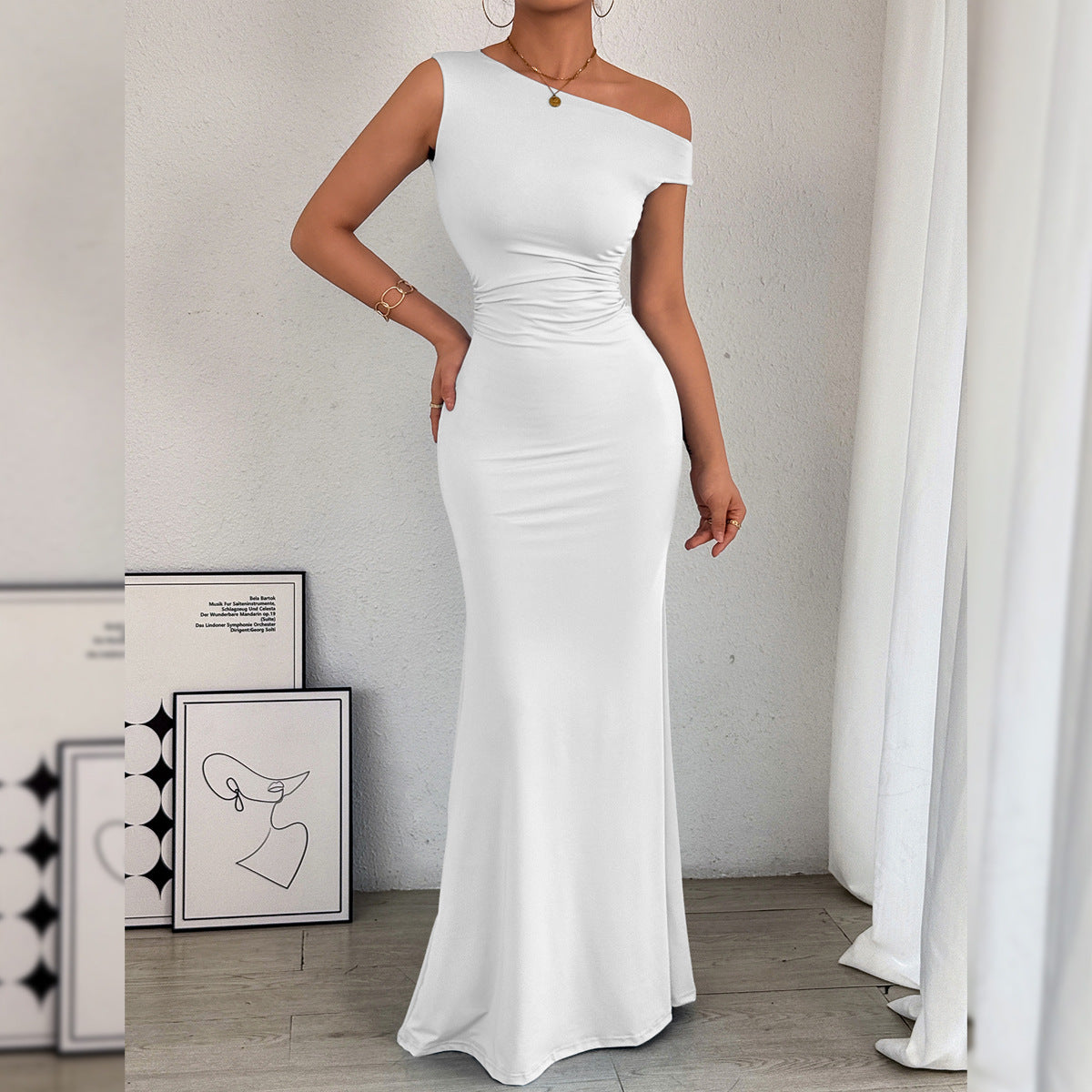 Ellen | Dames Jurk – Asymmetrische Éénschouder Fishtail Dress | Getailleerd & Ruches bij de Taille | Europees/Amerikaanse Stijl
