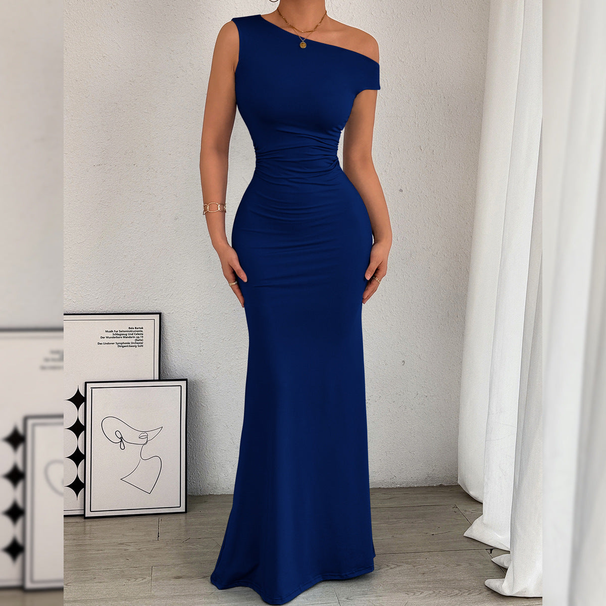 Ellen | Dames Jurk – Asymmetrische Éénschouder Fishtail Dress | Getailleerd & Ruches bij de Taille | Europees/Amerikaanse Stijl