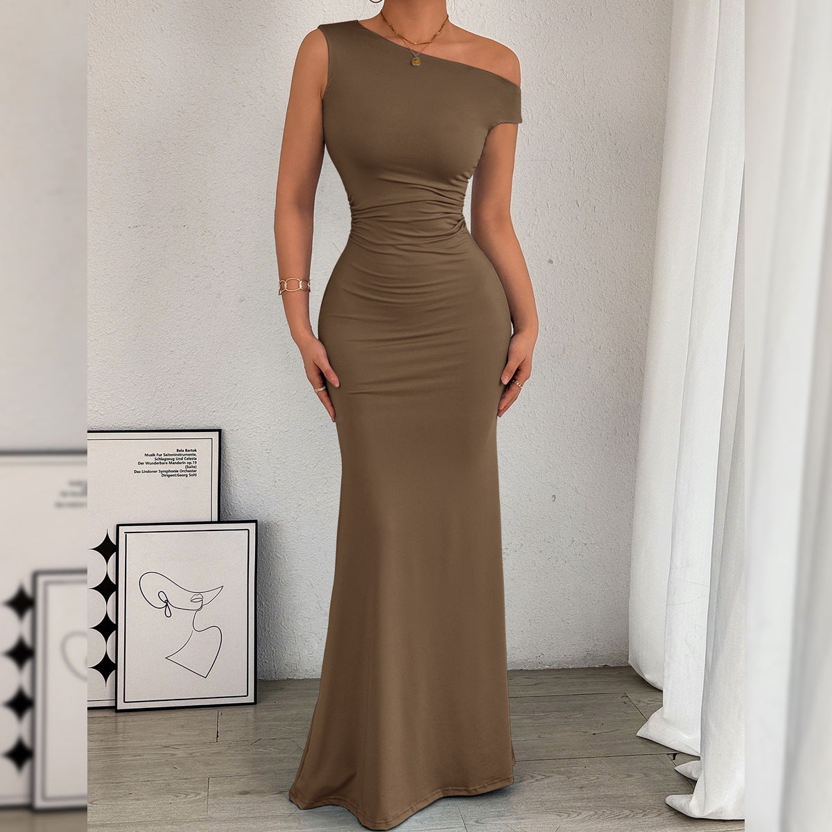 Ellen | Dames Jurk – Asymmetrische Éénschouder Fishtail Dress | Getailleerd & Ruches bij de Taille | Europees/Amerikaanse Stijl