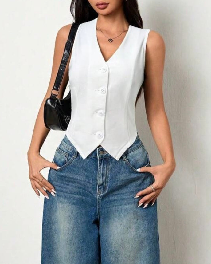 Kenzie | Dames Zomer Crop Top met V-Hals en Knopen – Modieuze Mouwloze Vest Top