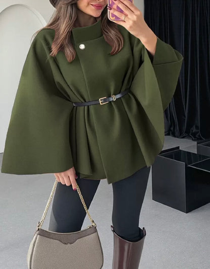 Elliana | Dames Cape Jas – Elegante Wolmix Mantel met Ceintuur | Europese Stijl & Getailleerd Design | Winter 2025