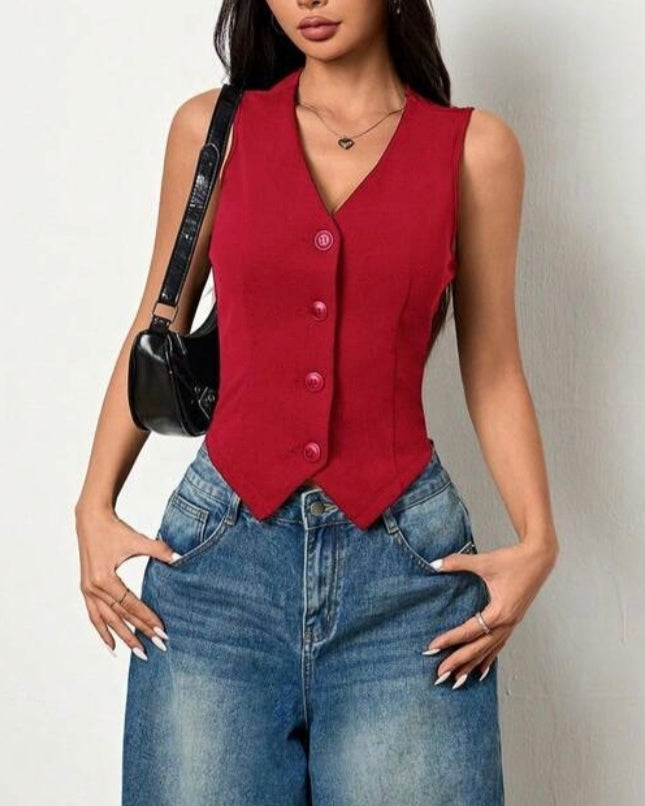 Kenzie | Dames Zomer Crop Top met V-Hals en Knopen – Modieuze Mouwloze Vest Top