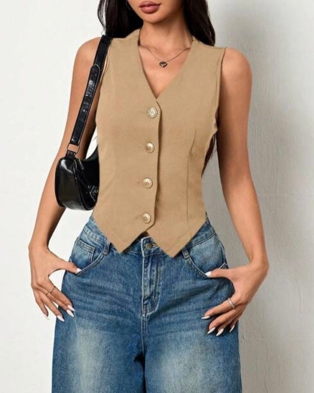 Kenzie | Dames Zomer Crop Top met V-Hals en Knopen – Modieuze Mouwloze Vest Top