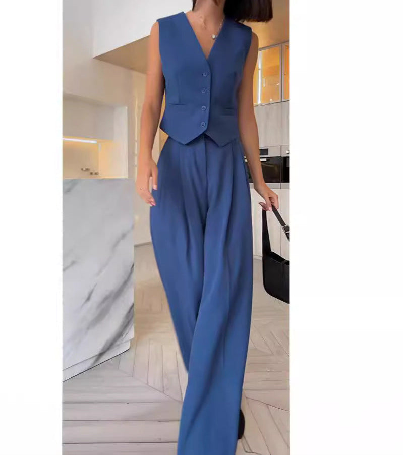Barbara | Dames Tweedelige Set – V-Hals Mouwloos Gilet & Wide Leg Pantalon