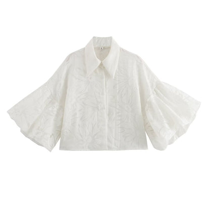 Dora | Dames Korte Blouse – Franse Stijl, Puff Mouwen & Klassieke Kraag