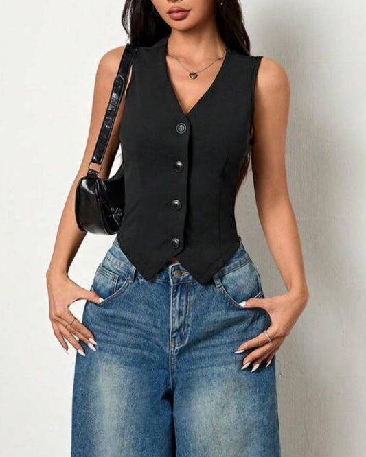 Kenzie | Dames Zomer Crop Top met V-Hals en Knopen – Modieuze Mouwloze Vest Top