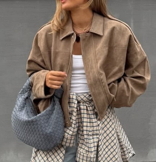 Eline | Dames Suèdelook Bomberjack – Zachte Fluwelen Textuur | Europees/Amerikaanse Stijl