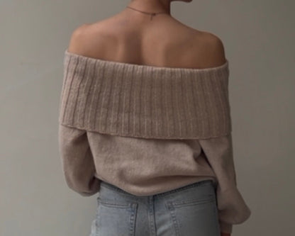 Amelia | Dames Off-Shoulder Gebreide Trui – Effen Kleur, Slim Fit & Ballonmouwen