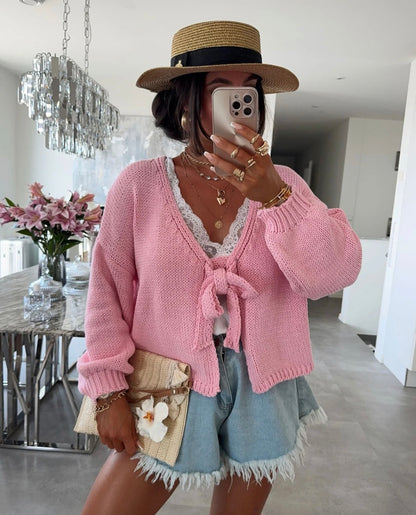 ￼Nancy | Grofgebreid Kort Vest met Strik – 2-Zijdig Draagbaar, Trendy Cardigan