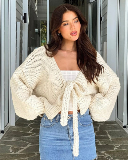 ￼Nancy | Grofgebreid Kort Vest met Strik – 2-Zijdig Draagbaar, Trendy Cardigan