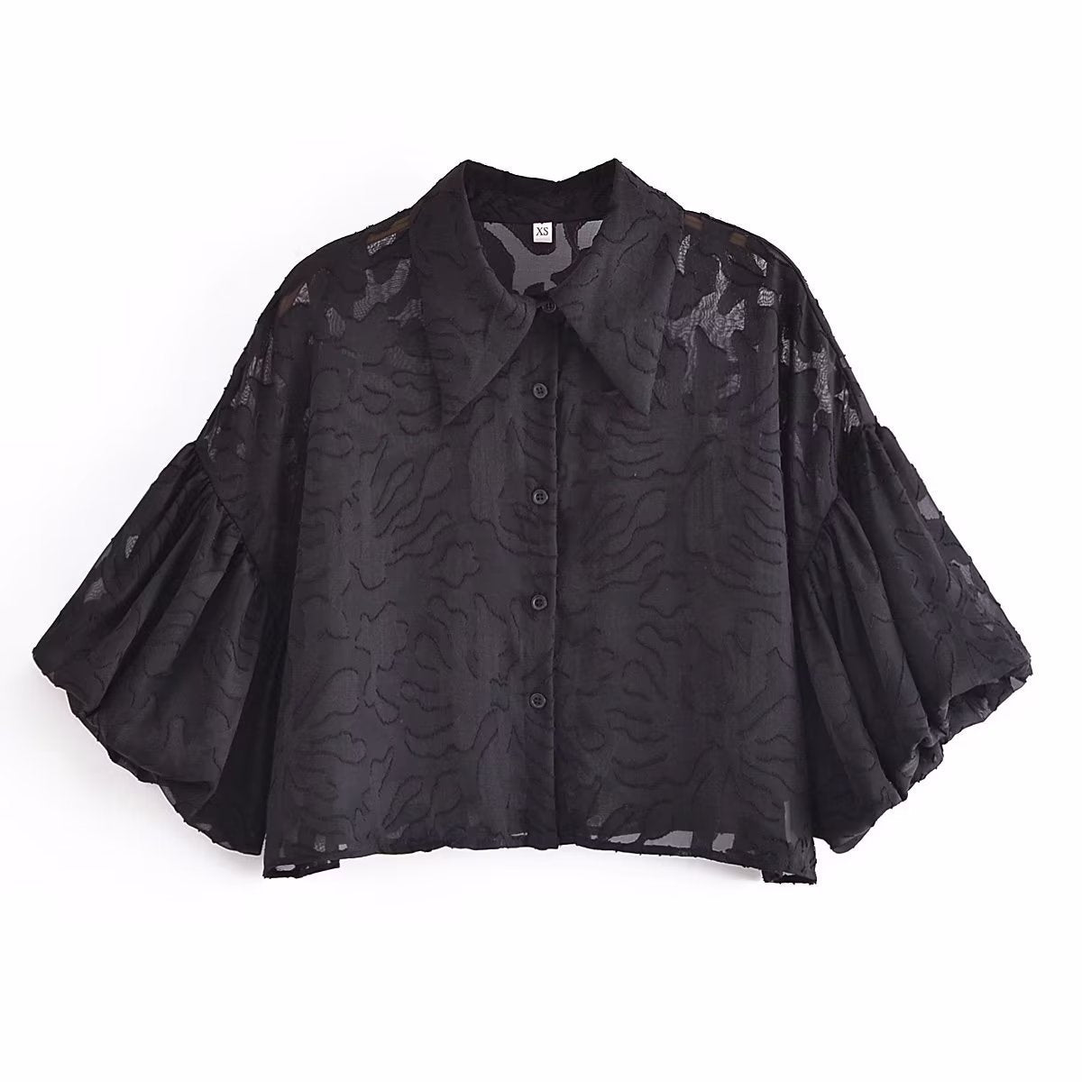 Hezel | Dames Jacquard Blouse – Zwart, Ballonmouwen & Chic Design