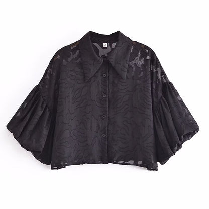 Hezel | Dames Jacquard Blouse – Zwart, Ballonmouwen & Chic Design