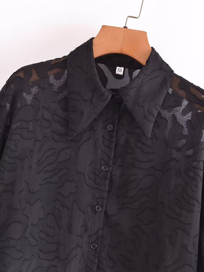 Hezel | Dames Jacquard Blouse – Zwart, Ballonmouwen & Chic Design