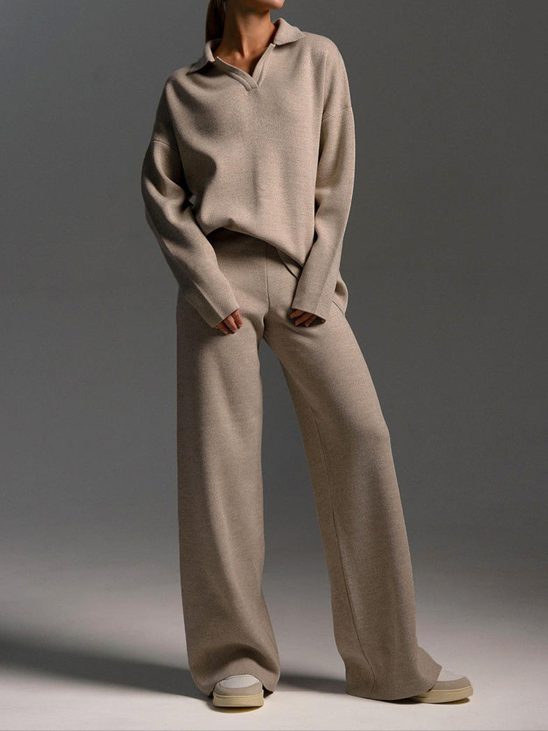 Paulien | Dames Gebreide Set – Polo Trui & Wijde Broek