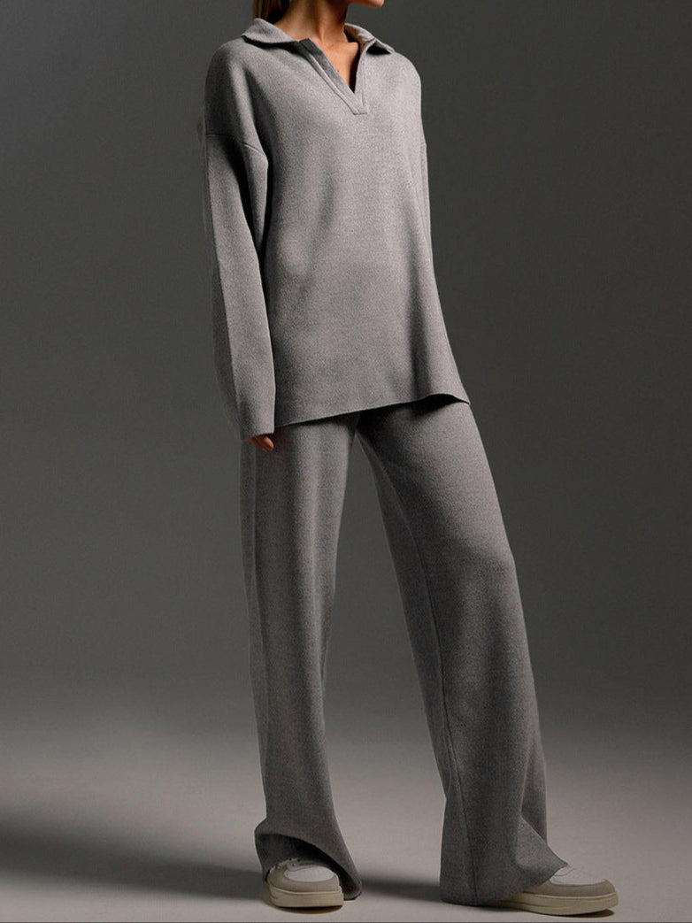 Paulien | Dames Gebreide Set – Polo Trui & Wijde Broek