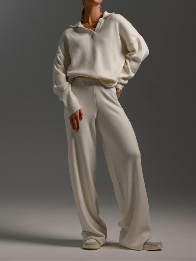 Paulien | Dames Gebreide Set – Polo Trui & Wijde Broek