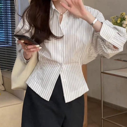 Rita | Dames Gestreepte Blouse – Getailleerd, Lange Mouw & Split Detail